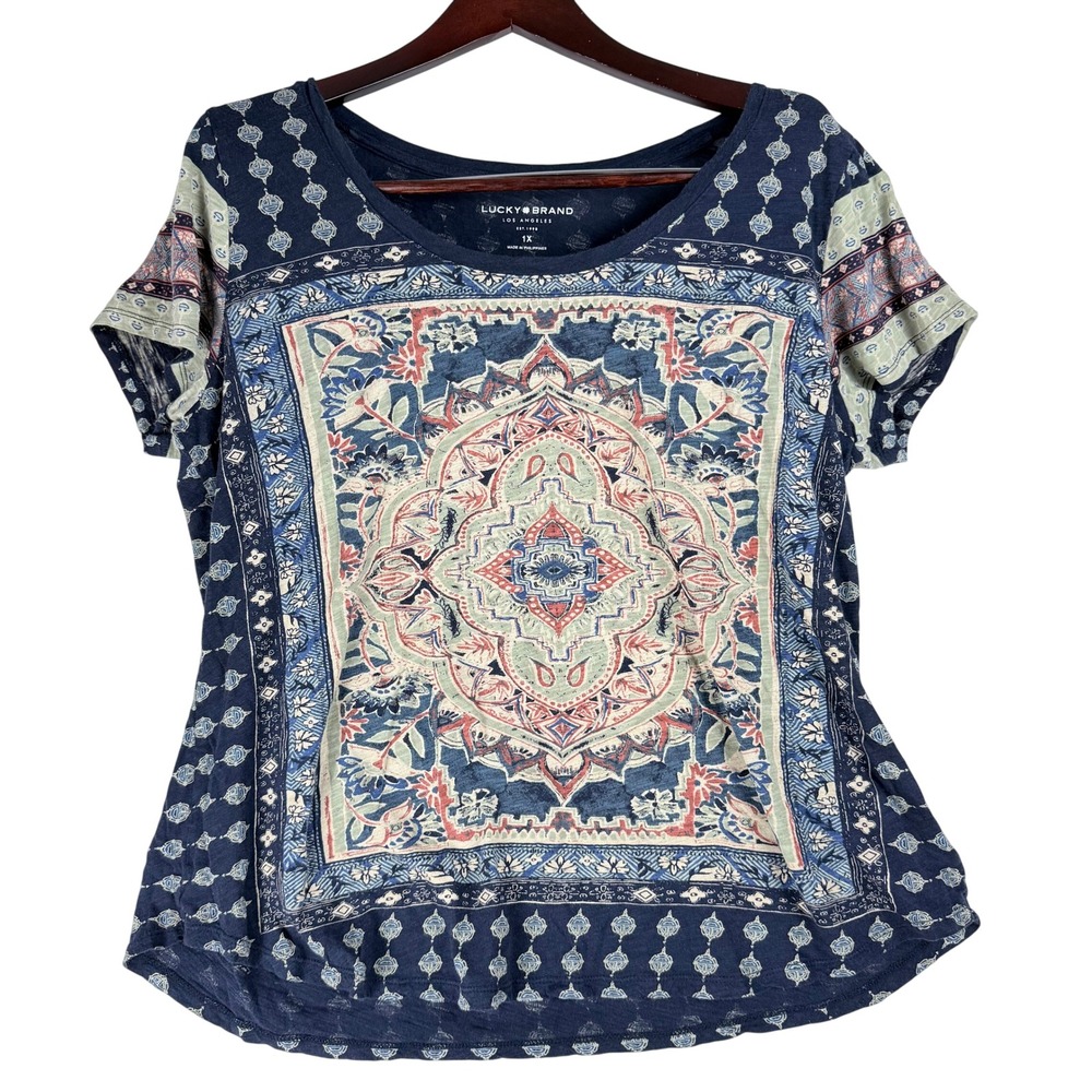 Lucky Brand Medallion Print Tee Women 1X Navy Blue Boho Mandala Short Sleeve Top